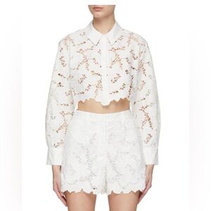 Self-Portrait, crochet lace crop, button down. Size 4